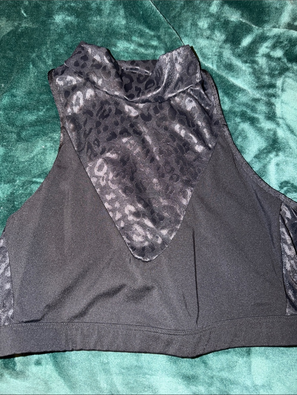 Sleeveless Black crop Tank with Satin Leopard-Yoke